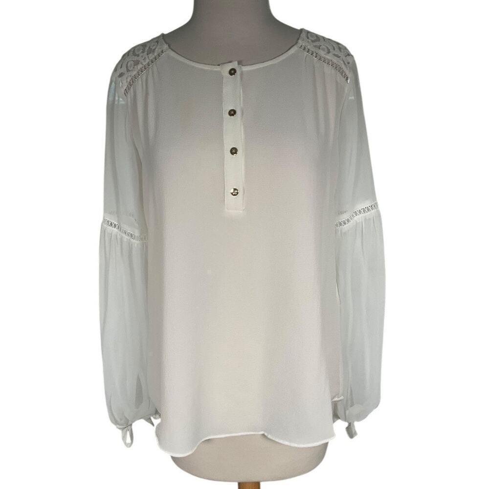 White House Black Market Size 8 White Lace Sheer Sleeves Pheasant Blouse Button